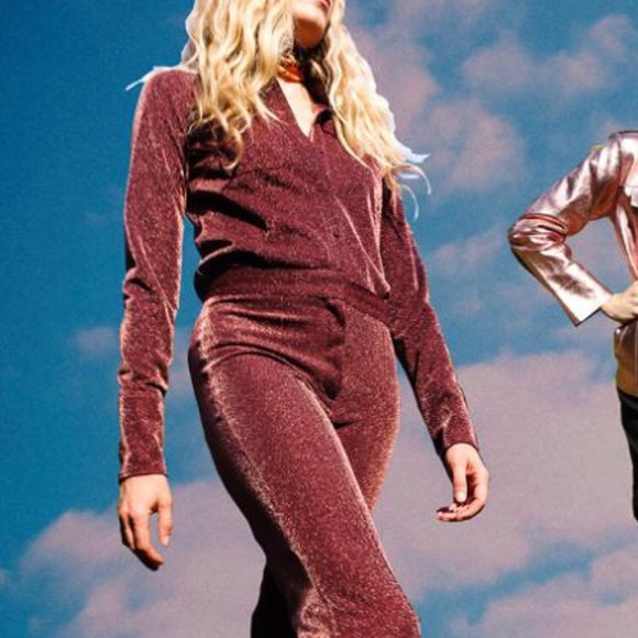 NWT H&M Studio Collection Rust Red Long Sleeve Glittery Metallic Jersey Shirt S - Picture 6 of 8